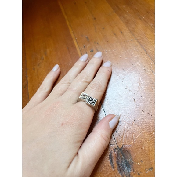 925 STERLING SILVER Vintage Ring with Aquamarine Stone and P Initial Size 9.5 - Picture 3 of 7